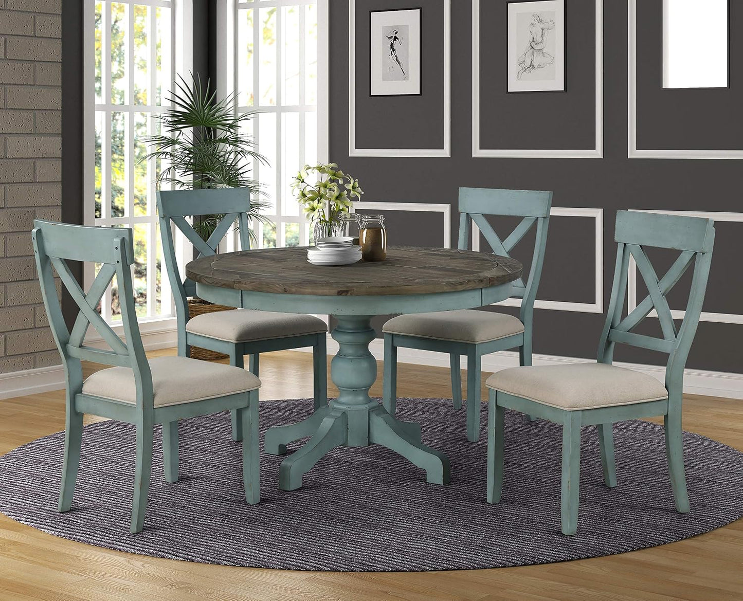 Round Two-Tone Farmhouse Dining Table, Rustic Wood Pedestal Table