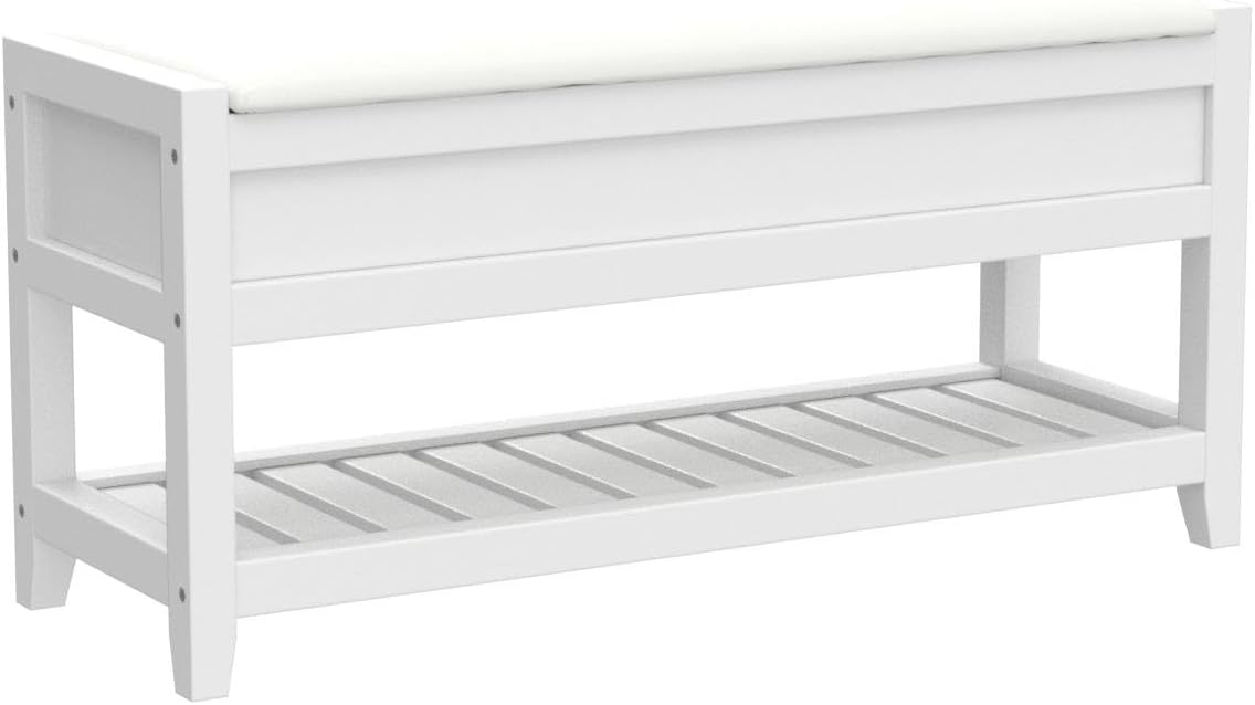 White Entryway Storage Bench, Upholstered Seat with Shoe Shelf