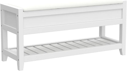 White Entryway Storage Bench, Upholstered Seat with Shoe Shelf