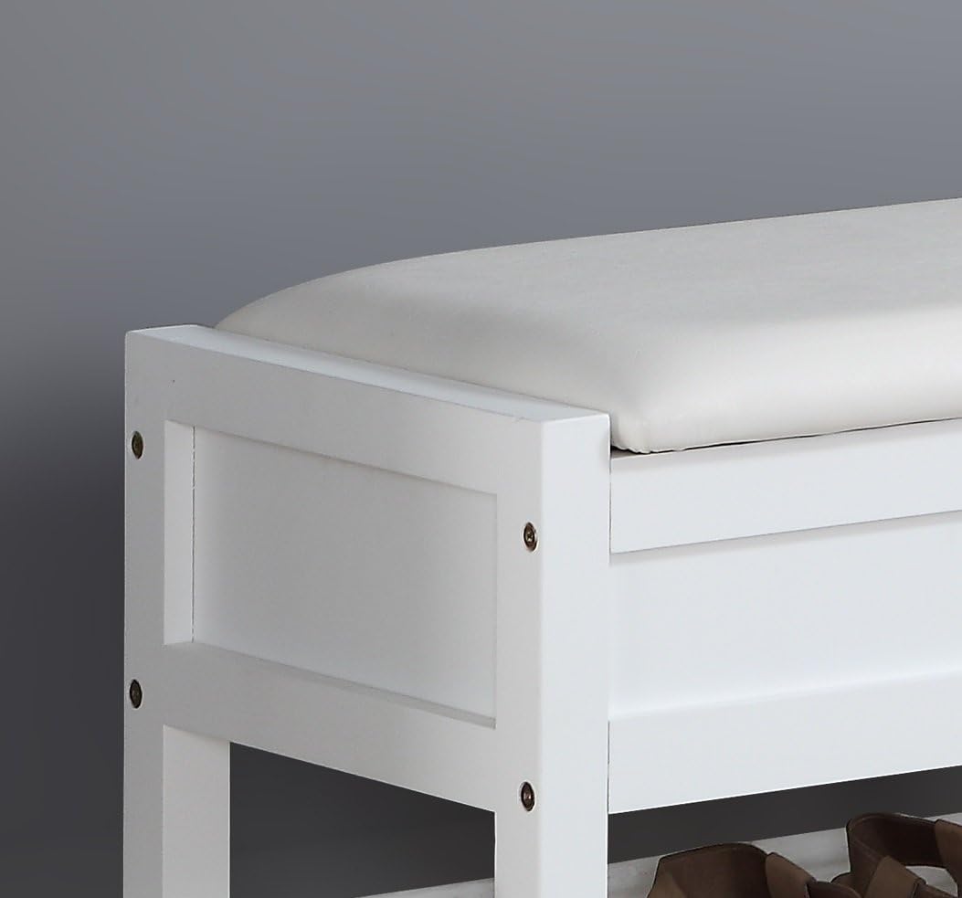 White Entryway Storage Bench, Upholstered Seat with Shoe Shelf