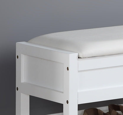 White Entryway Storage Bench, Upholstered Seat with Shoe Shelf