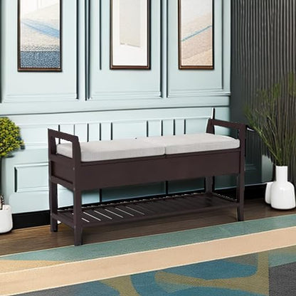 Espresso Storage Shoe Bench, Upholstered Entryway Bench with Hidden Storage