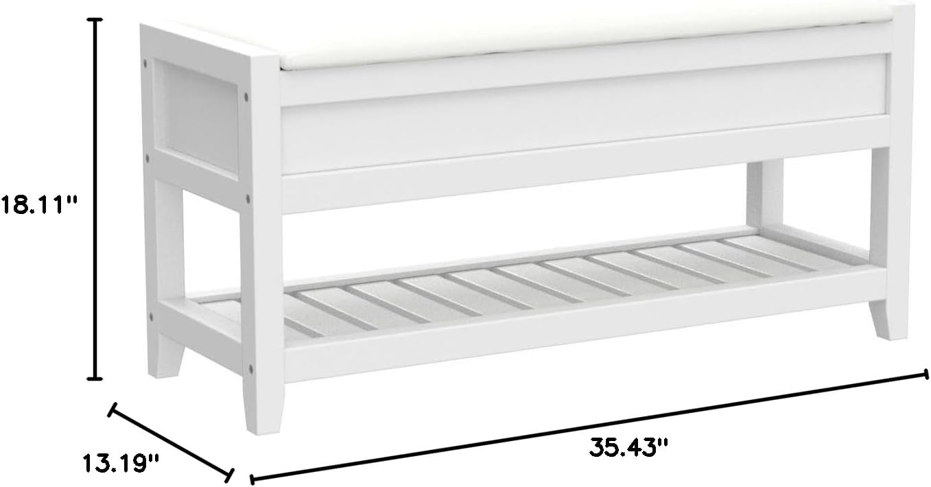 White Entryway Storage Bench, Upholstered Seat with Shoe Shelf