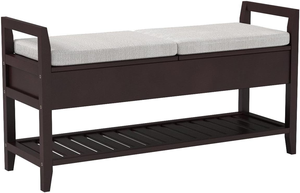 Espresso Storage Shoe Bench, Upholstered Entryway Bench with Hidden Storage