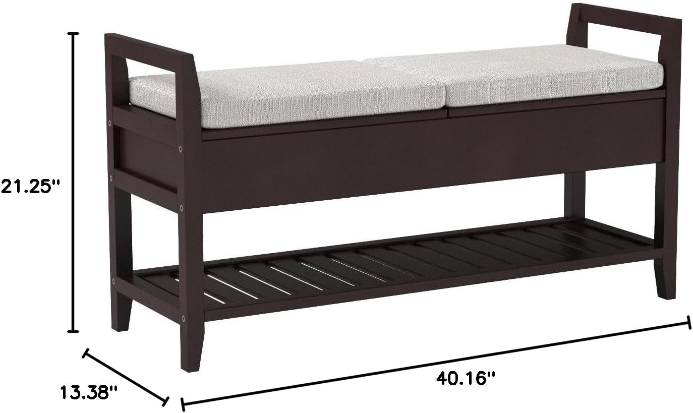 Espresso Storage Shoe Bench, Upholstered Entryway Bench with Hidden Storage