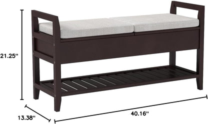 Espresso Storage Shoe Bench, Upholstered Entryway Bench with Hidden Storage
