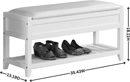 Espresso Entryway Storage Bench, Upholstered Seat with Shoe Shelf