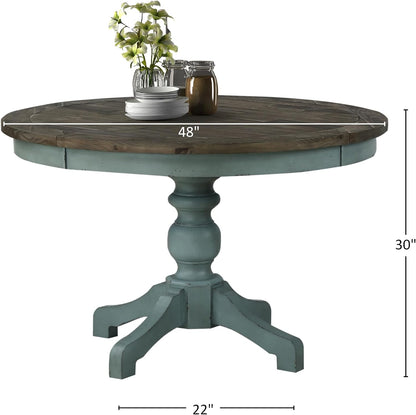 Round Two-Tone Farmhouse Dining Table, Rustic Wood Pedestal Table