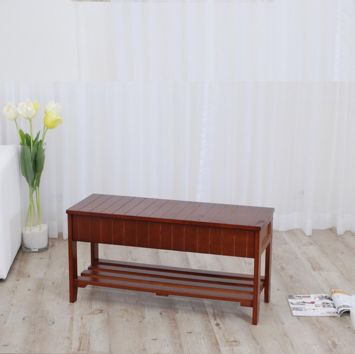 Classic Cherry Storage Bench, Wooden Entryway Bench with Hidden Storage