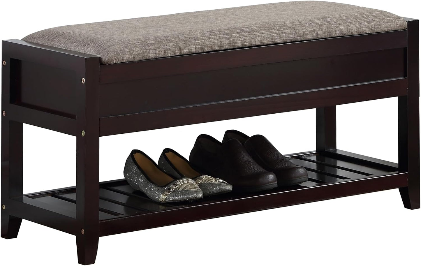 Espresso Entryway Storage Bench, Upholstered Seat with Shoe Shelf