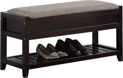 Espresso Entryway Storage Bench, Upholstered Seat with Shoe Shelf