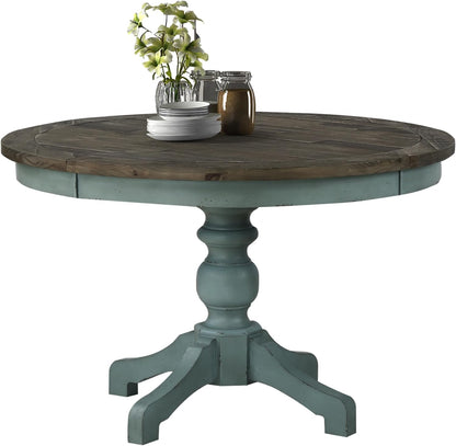 Round Two-Tone Farmhouse Dining Table, Rustic Wood Pedestal Table