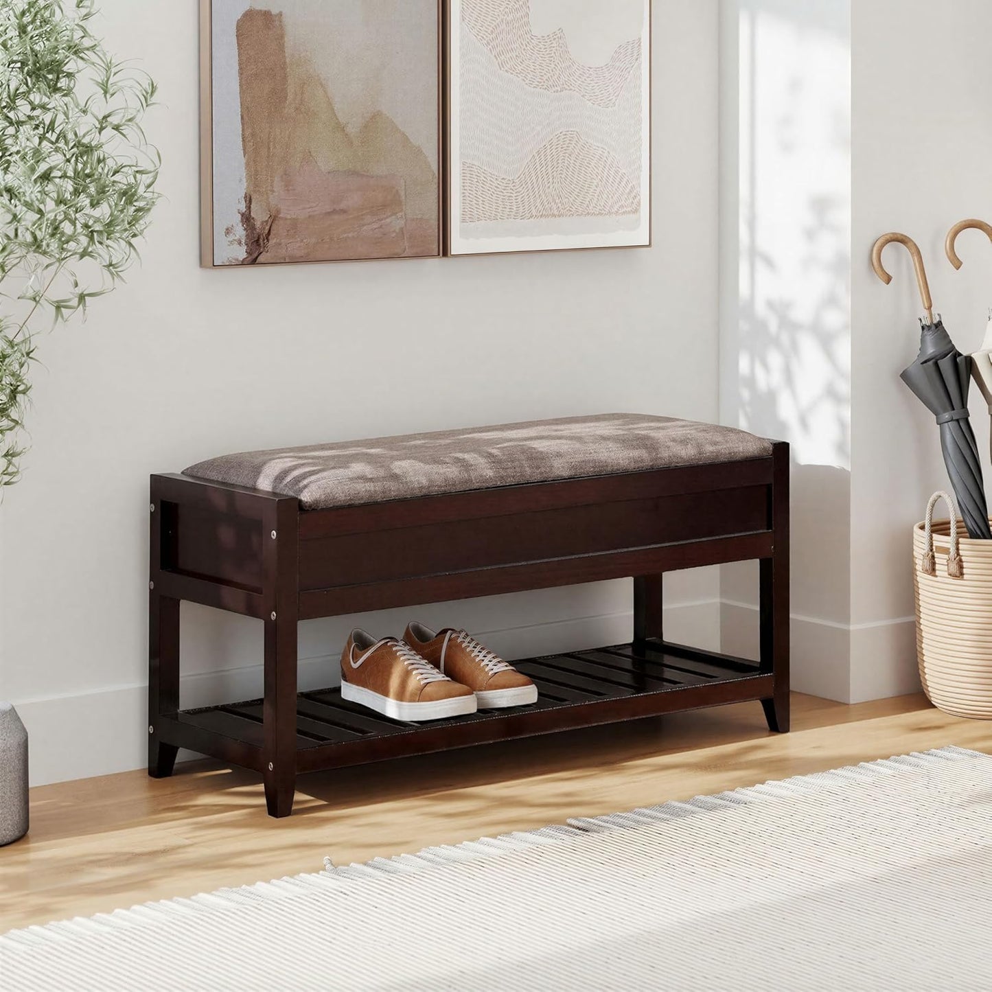 Espresso Entryway Storage Bench, Upholstered Seat with Shoe Shelf