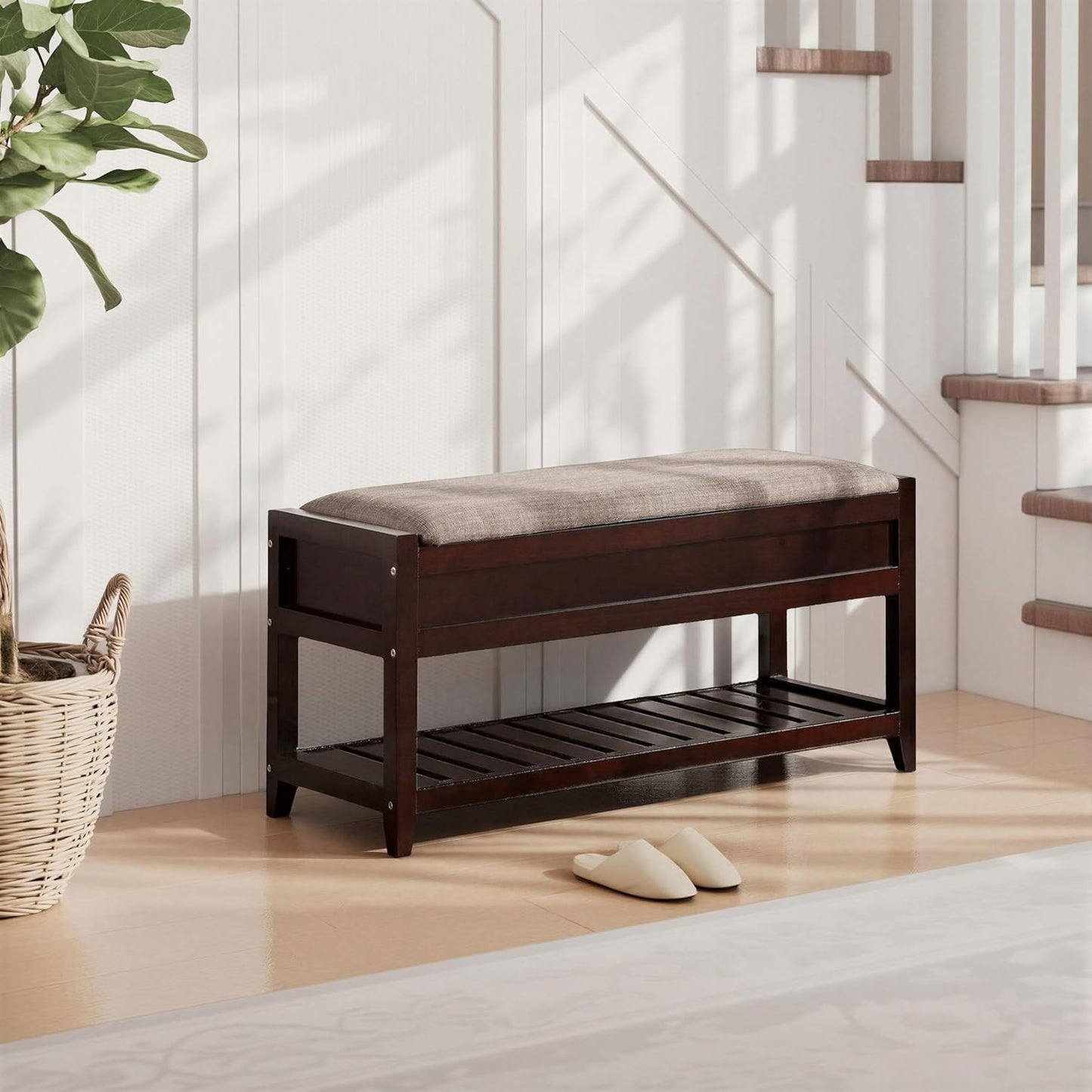 Espresso Entryway Storage Bench, Upholstered Seat with Shoe Shelf
