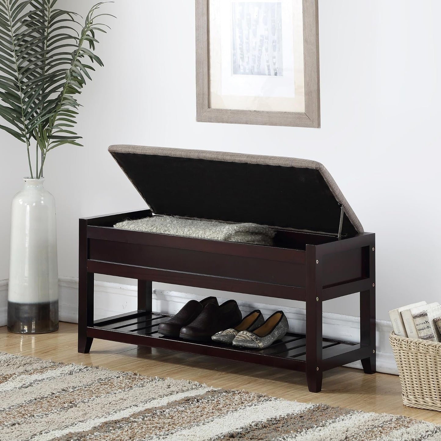 Espresso Entryway Storage Bench, Upholstered Seat with Shoe Shelf