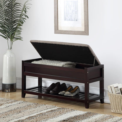 Espresso Entryway Storage Bench, Upholstered Seat with Shoe Shelf