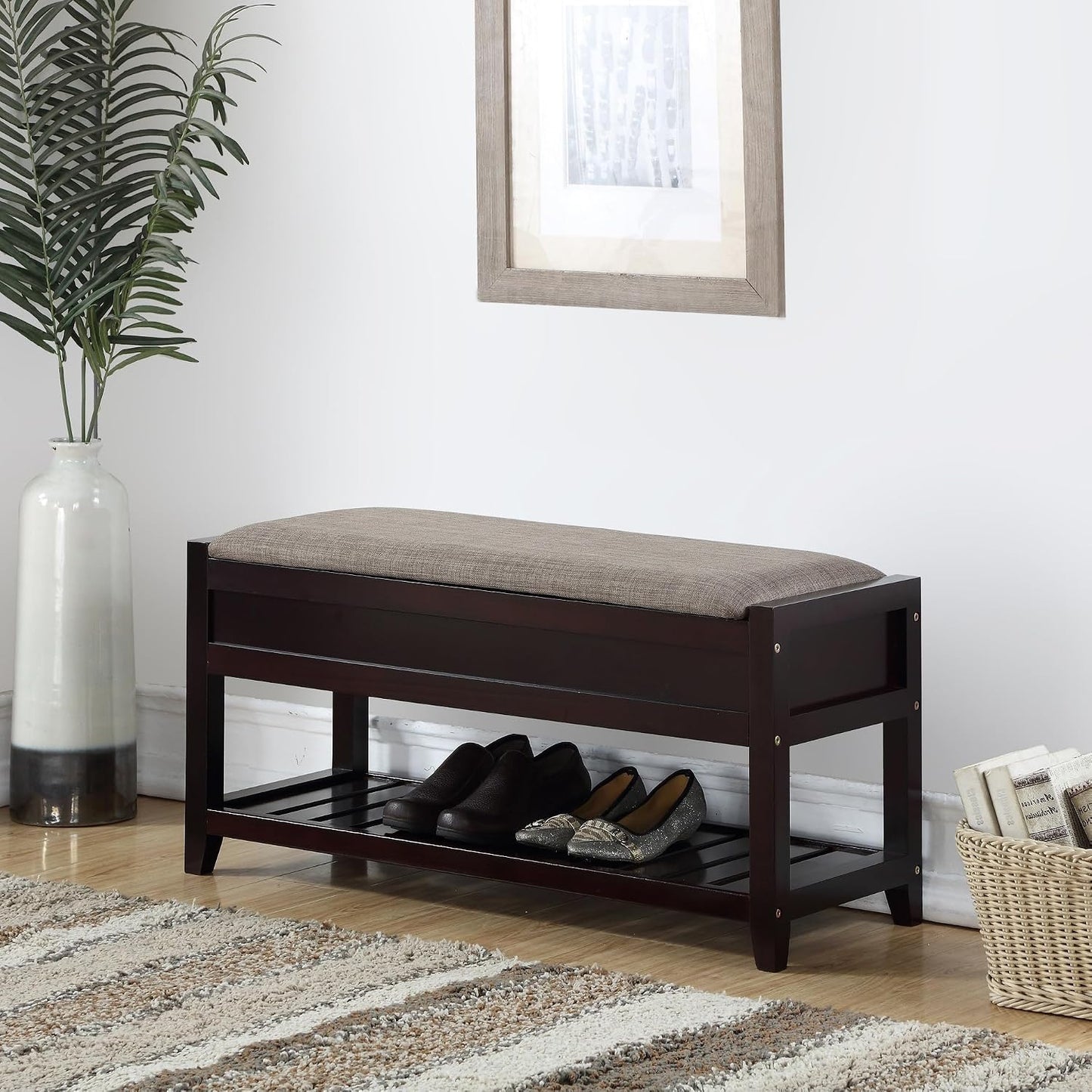 Espresso Entryway Storage Bench, Upholstered Seat with Shoe Shelf