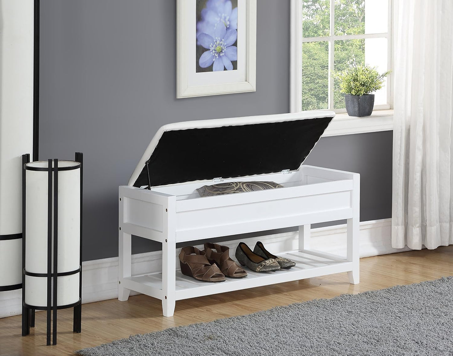 White Entryway Storage Bench, Upholstered Seat with Shoe Shelf