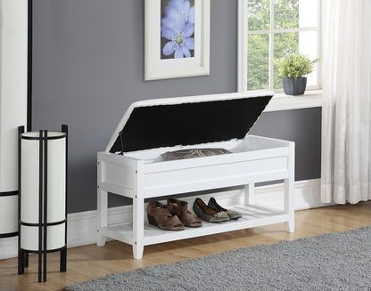 White Entryway Storage Bench, Upholstered Seat with Shoe Shelf