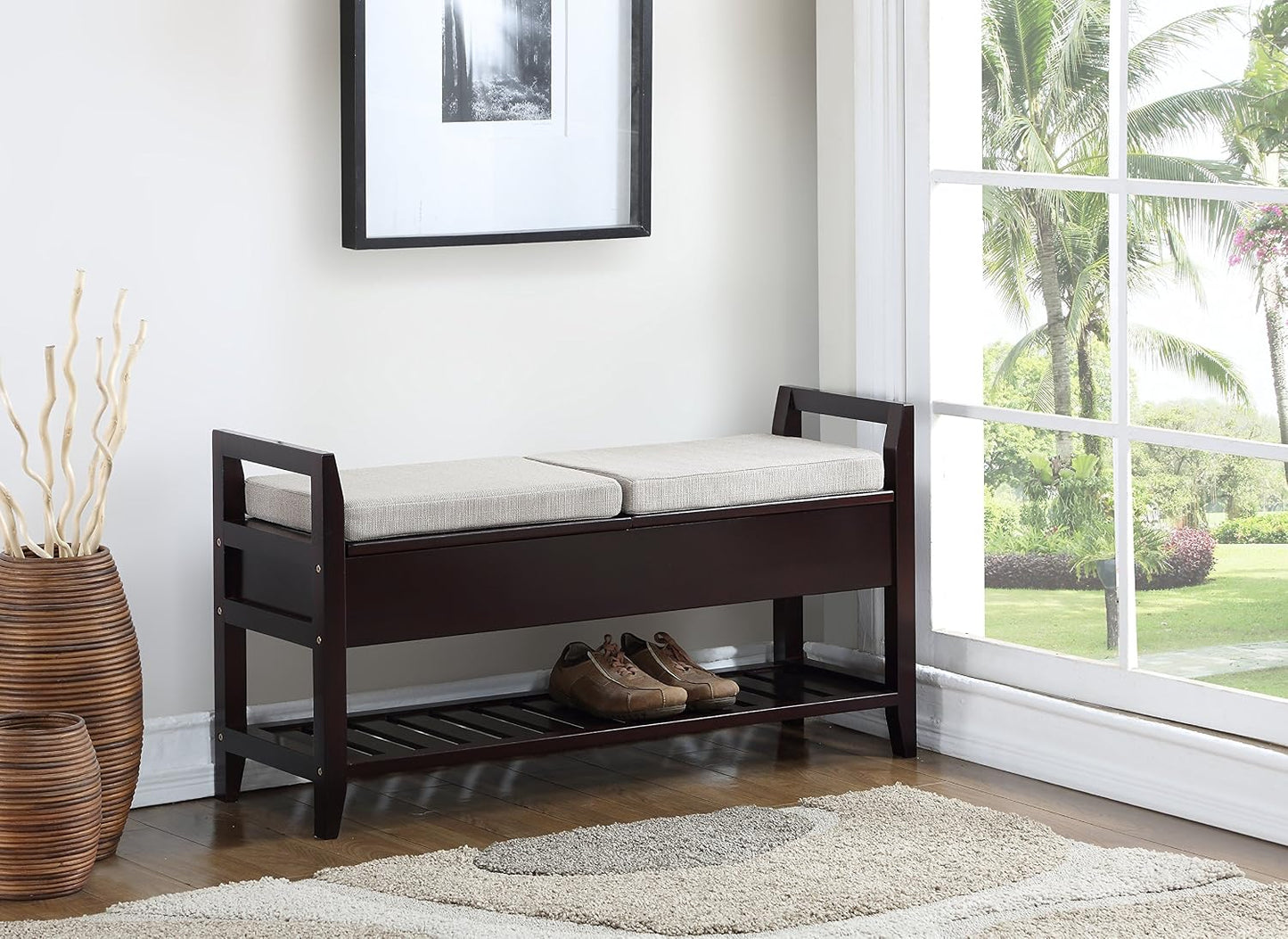 Espresso Storage Shoe Bench, Upholstered Entryway Bench with Hidden Storage
