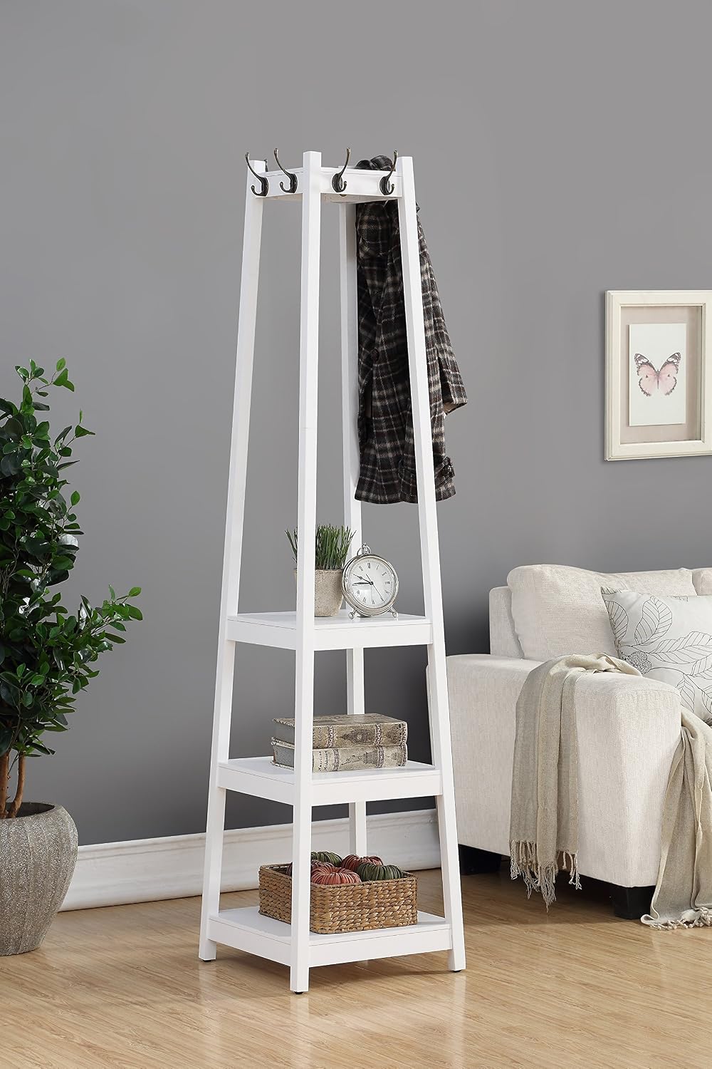 3-Tier Entryway Coat Rack, Freestanding Hall Tree with Storage Shelves