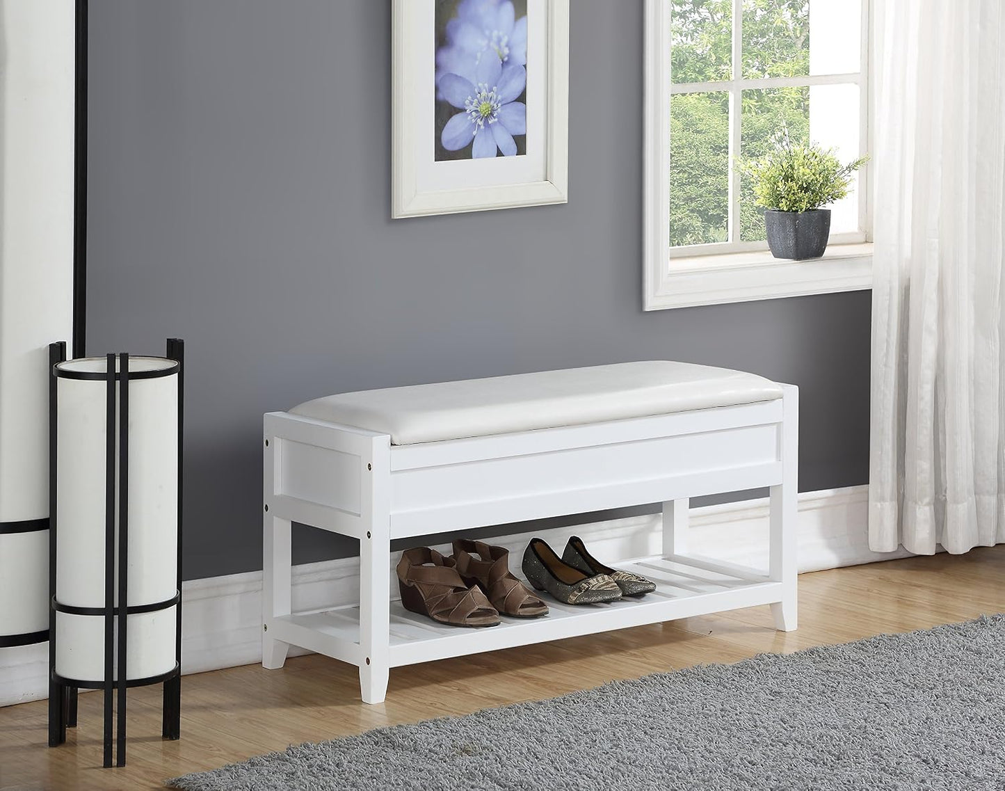 White Entryway Storage Bench, Upholstered Seat with Shoe Shelf