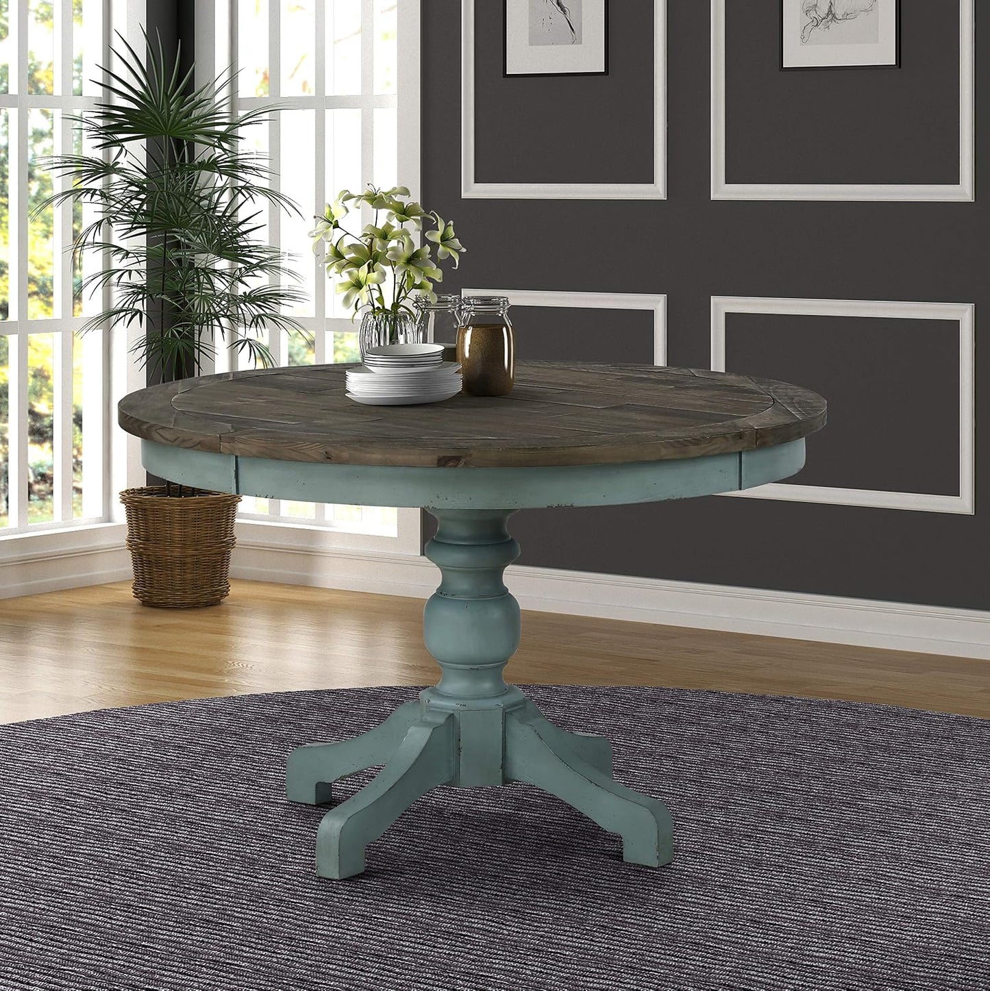 Round Two-Tone Farmhouse Dining Table, Rustic Wood Pedestal Table