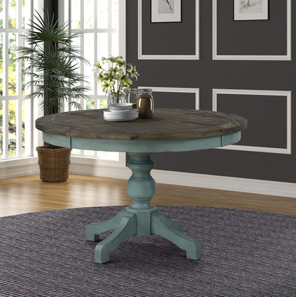 Round Two-Tone Farmhouse Dining Table, Rustic Wood Pedestal Table