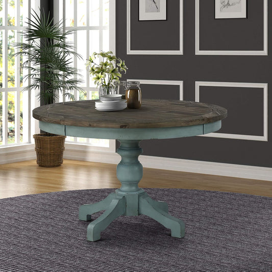 Round Two-Tone Farmhouse Dining Table, Rustic Wood Pedestal Table
